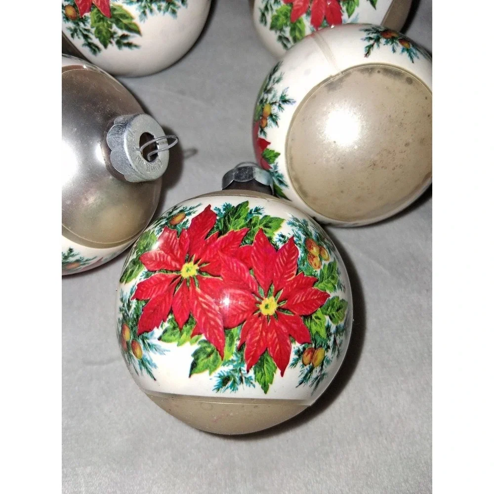 Vintage Made in USA Poinsettia Christmas Ball Ornaments Set of 5 3